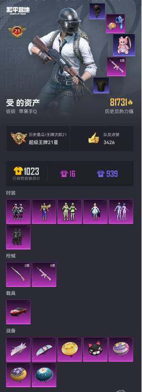 和平精英账号苹果QQ1载具-248套装-256枪皮-【TXHP12923】【商品标题】：苹果 手Q-6粉装-2特效枪-1